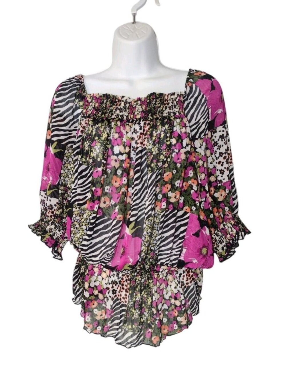 Vtg Ingredients Sheer Patchwork Crinkle Top XL Smocked Peplum Boho Peasant Flowy